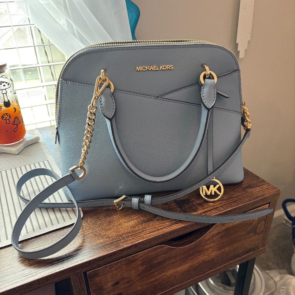 Blue Michael Kors Jet Set Travel Medium Saffiano Leather Dome Satchel Crossbody